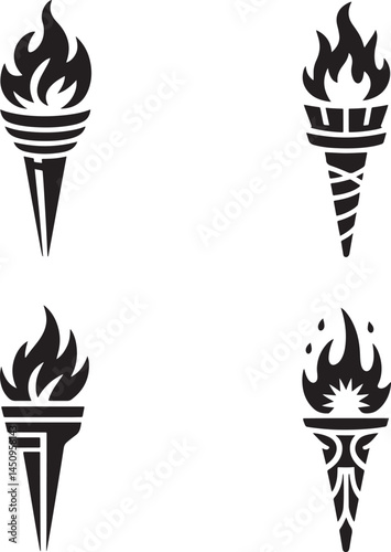 Medieval torches with burning fire silhouette set vector illustration isolated On Transparent Background