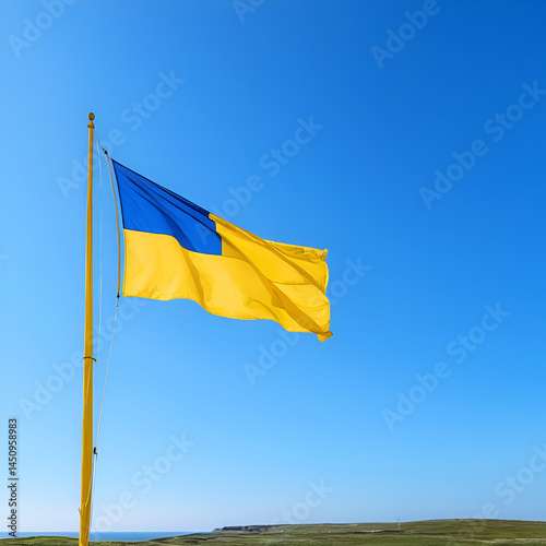 a yellow and blue flag flutters in the wind