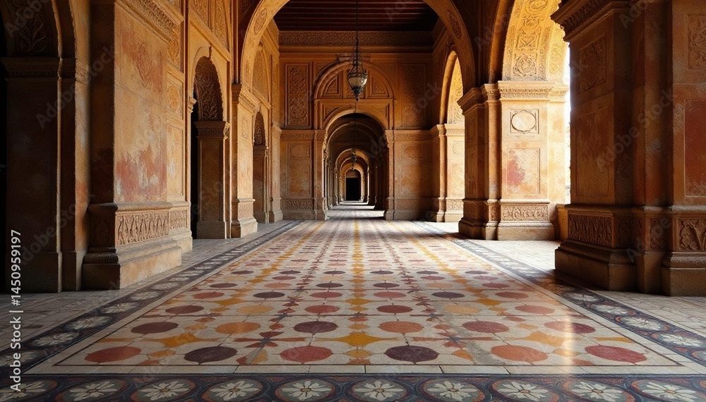 Obraz premium Repeating geometric tile floor in ancient building, illustration, art, detail