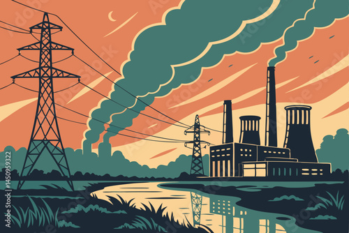 19 Industrial cityscape, dystopian atmosphere, pollution, smokestacks, factory emissions, night scene, teal and orange color palette, smog, urban skyline, environmental crisis, moody lighting, power l