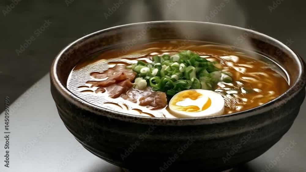 Steaming Tonkotsu Ramen Topped with Tender Pork and Soft-Boiled Egg
Steaming Tonkotsu Ramen Topped with Tender Pork and Soft-Boiled Egg