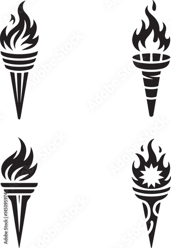 Medieval torches with burning fire silhouette set vector illustration isolated On Transparent Background