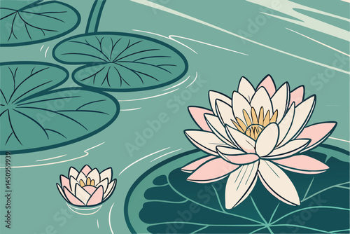 20 Water lily, lotus flower, serene pond, lily pads, teal water, soft pink petals, golden center, reflection, tranquil nature scene, botanical photography, high detail, soft focus, muted tones, peacef