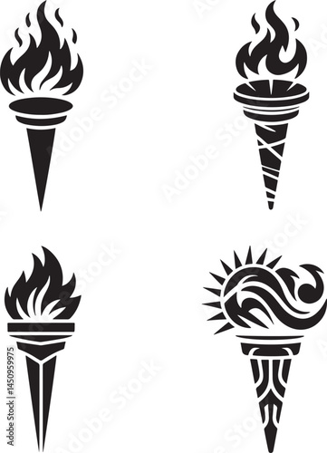 Medieval torches with burning fire silhouette set vector illustration isolated On Transparent Background