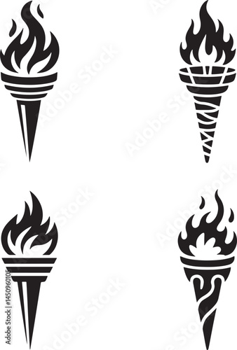 Medieval torches with burning fire silhouette set vector illustration isolated On Transparent Background