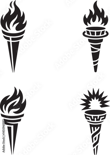 Medieval torches with burning fire silhouette set vector illustration isolated On Transparent Background