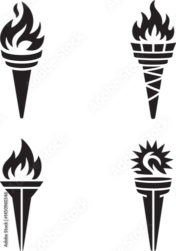 Medieval torches with burning fire silhouette set vector illustration isolated On Transparent Background