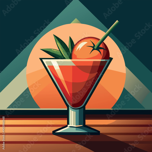 Refreshing cocktail served in a glass with tomato and leaves against a sunset backdrop in a stylish bar setting Generative AI