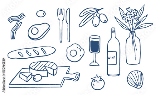 Hand draw breakfast doodles food. Food and coffee icons, crayon style, Italian la dolce vita