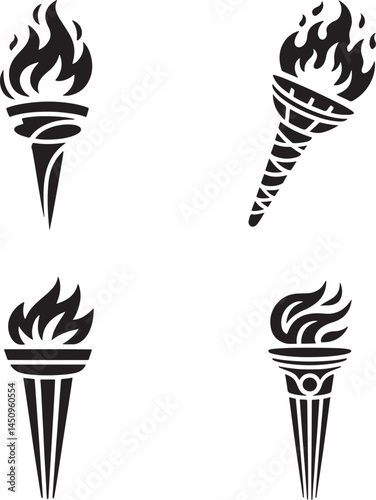 Medieval torches with burning fire silhouette set vector illustration isolated On Transparent Background