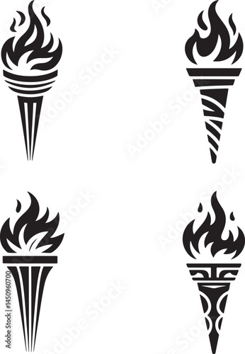 Medieval torches with burning fire silhouette set vector illustration isolated On Transparent Background