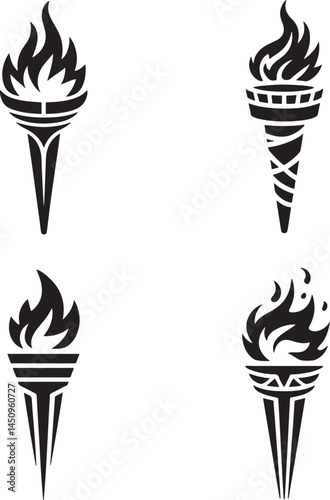 Medieval torches with burning fire silhouette set vector illustration isolated On Transparent Background