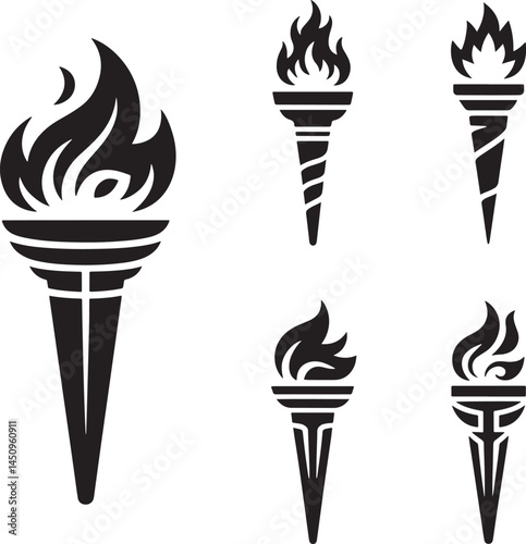 Medieval torches with burning fire silhouette set vector illustration isolated On Transparent Background