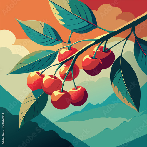 Vibrant cherry branch with ripe fruits against a mountainous sunset backdrop Generative AI