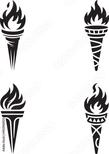 Medieval torches with burning fire silhouette set vector illustration isolated On Transparent Background