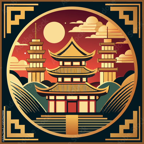 Traditional Asian architecture stands proudly against a sunset backdrop with clouds and a bright moon illuminating the scene Generative AI
