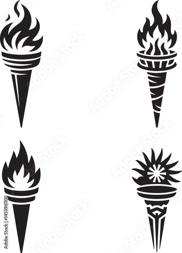 Medieval torches with burning fire silhouette set vector illustration isolated On Transparent Background