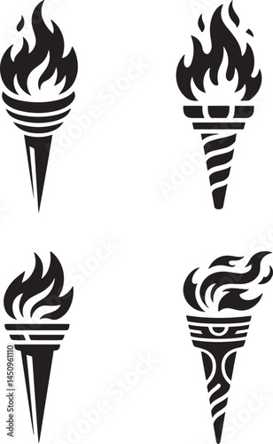Medieval torches with burning fire silhouette set vector illustration isolated On Transparent Background
