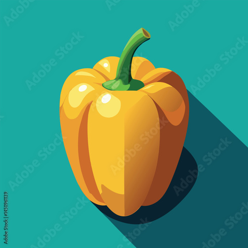 Bright yellow bell pepper resting on a turquoise background with a long shadow cast from the light source nearby Generative AI