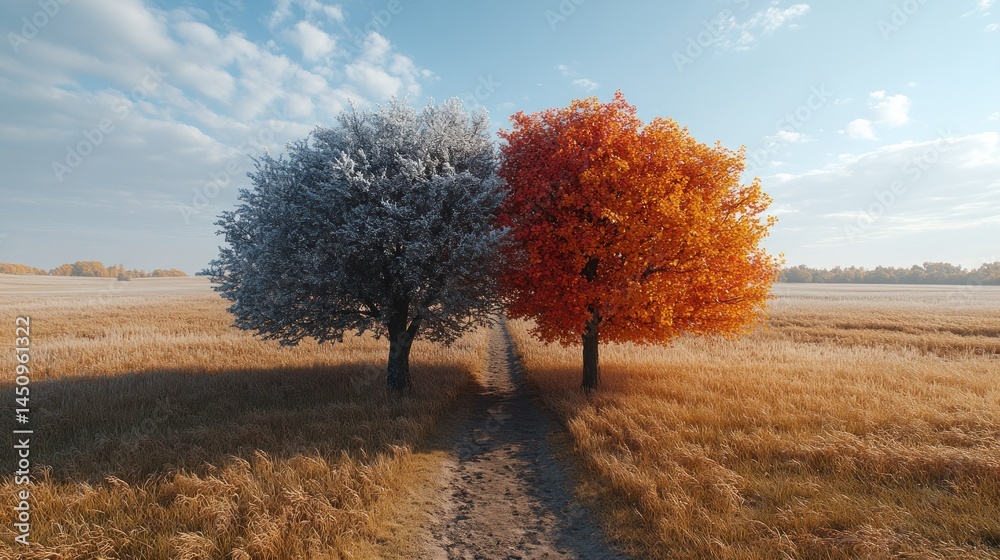 Two trees, one winter, one autumn, golden field Two trees, one winter, one autumn, golden field