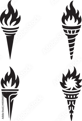 Medieval torches with burning fire silhouette set vector illustration isolated On Transparent Background