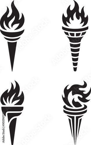 Medieval torches with burning fire silhouette set vector illustration isolated On Transparent Background