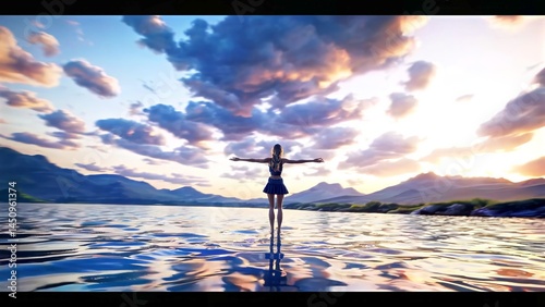 Woman standing on water's edge, spreading arms wide during golden sunset, embracing scenic mountain lake landscape with serene, liberated spirit