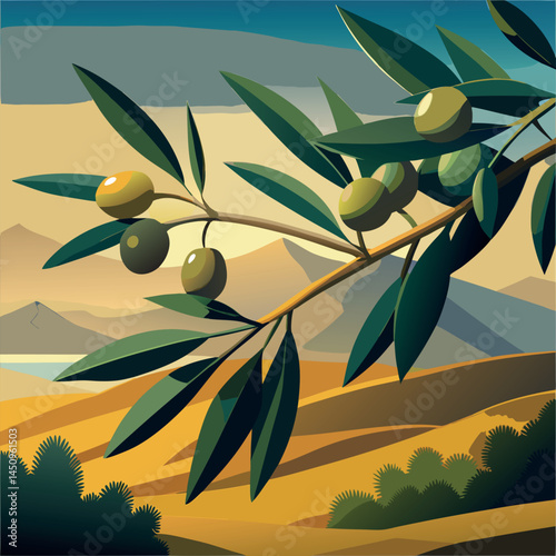 Olive branch with ripe olives against a scenic landscape at sunset in a rural area Generative AI