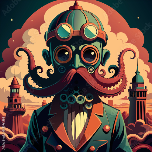 Intricate steampunk character with octopus theme standing against a vivid, fantastical skyline at dusk Generative AI photo