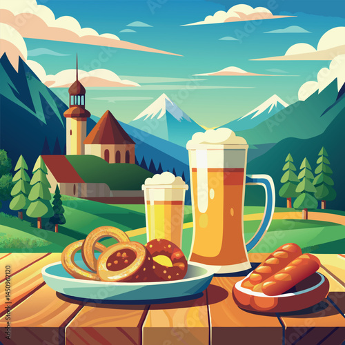 Enjoying craft beer and snacks in a picturesque mountain setting with a charming church in the background Generative AI