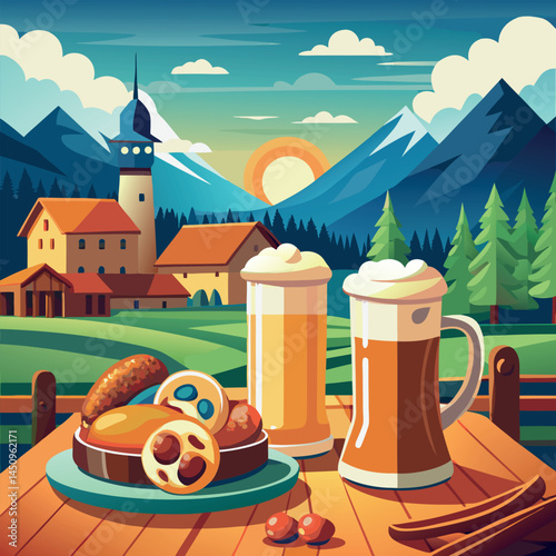 Outdoor dining experience with beer and snacks at sunset in a mountainous landscape Generative AI
