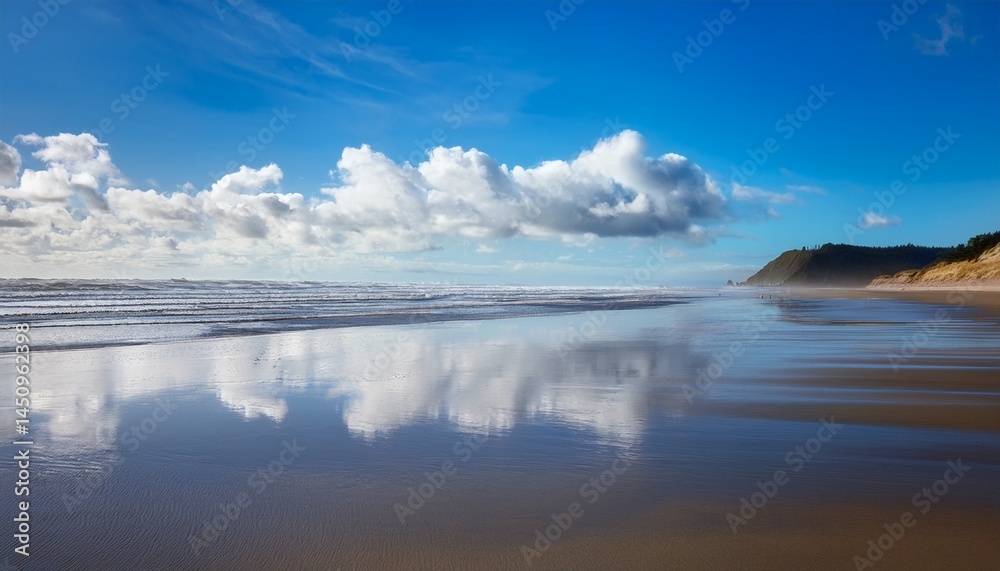 Obraz premium scenic oregon coast reflecting blue sky and fluffy white clouds on wet sand