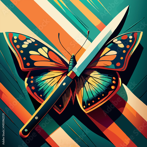 Colorful butterfly adorned with a knife rests on a vibrant background of bold stripes Generative AI