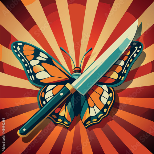 Butterfly with a knife graphic design in vibrant colors and bold patterns, showcasing a mix of beauty and danger Generative AI