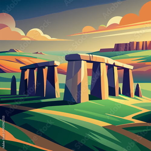 Stone structure stands majestically on grassy hills under a colorful sky at sunset in a serene landscape Generative AI