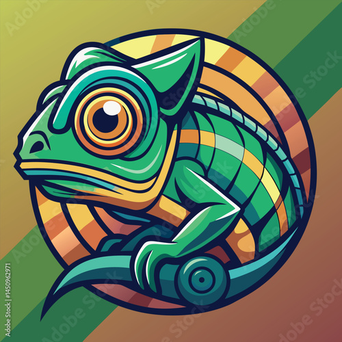 Chameleon art in vibrant colors showing intricate patterns and a playful design on a striped background Generative AI