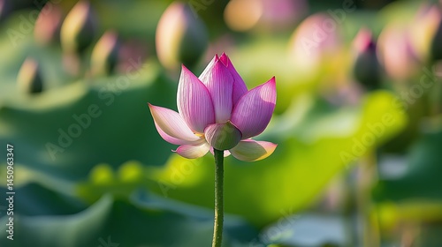 Single Pink Lotus Flower in Bloom with Green Lotus Leaves in a Peaceful Pond Setting