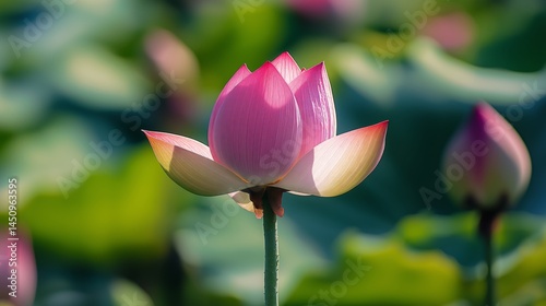 Close-Up of a Blooming Pink Lotus Flower in a Green Pond with Natural Sunlight