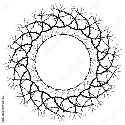 Stylish frame of blackthorn branches in a round silhouette. Perfect for posters and gothic designs, for dark themes and symbolic projects. Vector hand drawn illustration. 
Complex silhouette.