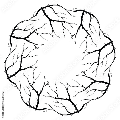 Frame of silhouettes of branches pointing inwards. Vector illustration of blackthorn hand drawn. For Halloween decor and design.