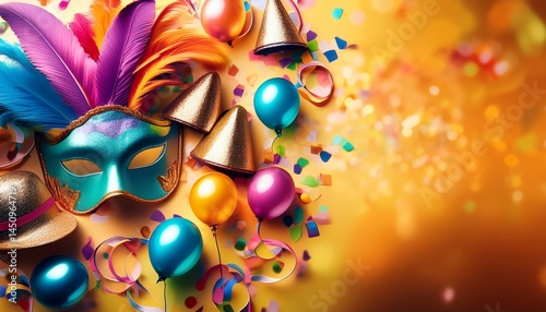 banner mit fasching accessoires luftballons mutze brille maske luftschlange und buntem konfetti