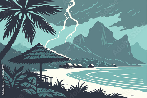 21 Tropical paradise, turquoise lagoon, dramatic mountain peaks, stormy sky, thatched beach umbrellas, white sandy beach, overwater bungalows, moody atmosphere, exotic destination, Bora Bora inspired,