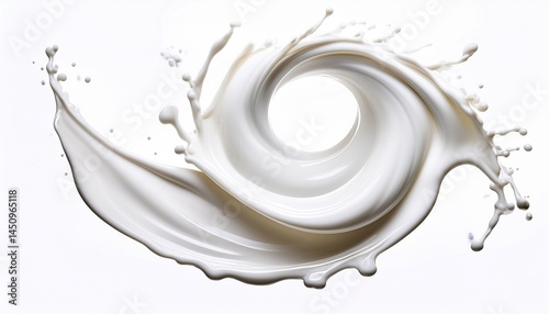 top view milk splash stream twirl in spiral waves isolated on white background
