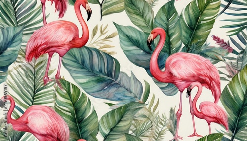 seamless watercolor pattern with tropical leaves branches botanical tile with flamingo background