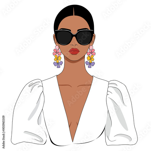 Fashionable woman with sunglasses and flower earrings illustration style and beauty portrait design