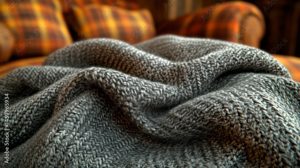 Fototapeta premium Closeup of textured grey knitted fabric soft and cozy textile background