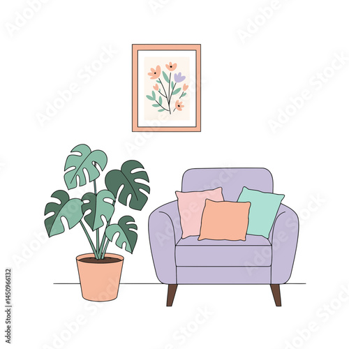 Interior design with armchair plant and floral art print home decor living room design idea