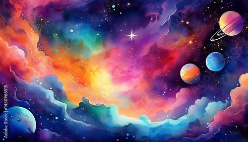 watercolor illustration of a vibrant space scene featuring a colorful nebula planets and stars in the universe