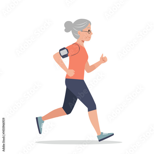 Senior woman on morning jog - vibrant elderly woman jogging at sunrise, her smile and fitness inspiring active aging and healthy lifestyle.