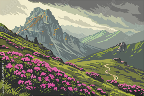23 Majestic mountain landscape, vibrant pink rhododendrons in foreground, lush green slopes, dramatic cloudy sky, rugged peaks, alpine meadow, high-resolution panorama, vivid colors, natural beauty, s